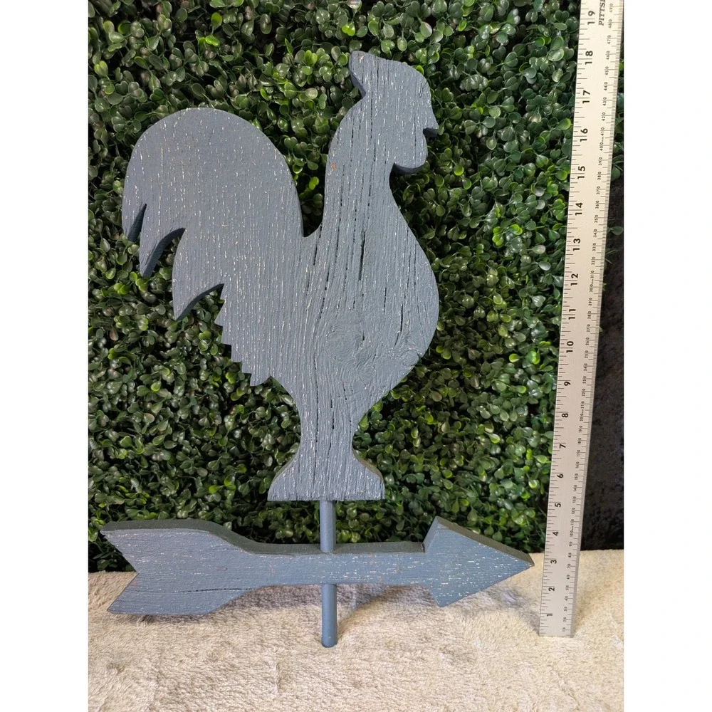Handmade Wood Distressed Blue Rooster Weathervane Folk Art Wall Decor